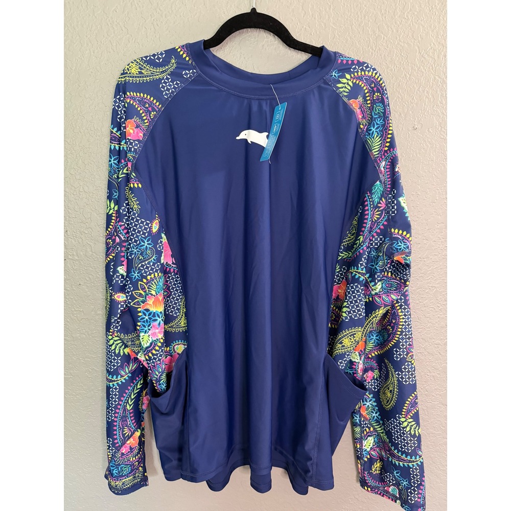 Halcurt Womens 3X Rash Guard Long Sleeve UPF 50+ Floral Paisley Navy Blue NWT